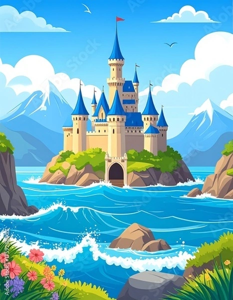Fototapeta A vibrant illustration depicts a majestic castle on an island, surrounded by water with a sunny sky and mountains in the background