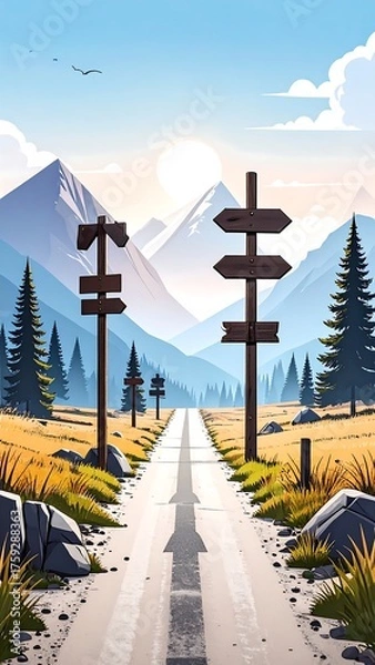 Fototapeta A vibrant illustration depicts a road stretching towards sunlit mountains. Wooden signs mark the path, with trees and fields adding color