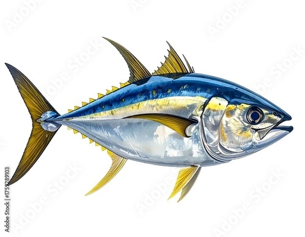 Fototapeta A vibrant illustration depicts a sleek, streamlined fish with a dark blue back, yellow fins and tail, and a reflective silver belly