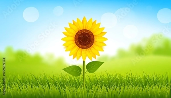 Fototapeta A vibrant illustration depicts a solitary, fully bloomed flower towering over green grass under a bright blue sky, offering a sunny vista