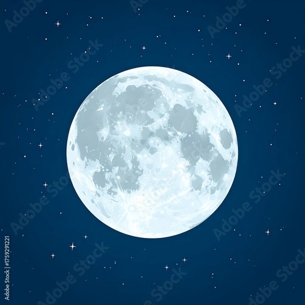 Fototapeta A vibrant illustration features a full, luminous celestial body surrounded by twinkling celestial lights against a dark, navy expanse