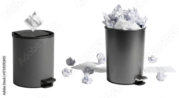 Obraz Two Dark Gray Trash Cans With Crumpled Paper Inside And Outside Isolated On transparent Background