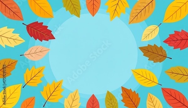 Fototapeta A vibrant illustration featuring a light blue circular background with colorful autumn leaves arranged around the edges, creating a frame