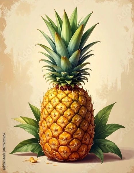 Fototapeta A vibrant illustration featuring a realistic pineapple. Its golden textured body and green crown are meticulously detailed, set against a warm-toned backdrop