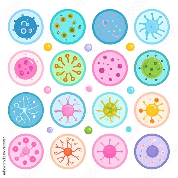 Fototapeta A vibrant illustration featuring sixteen circular, cellular-like shapes, each displaying unique, colorful designs with diverse internal patterns and structures