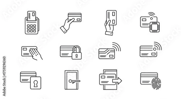 Fototapeta Diverse credit card payment methods and secure transactions line art icons collection vector
