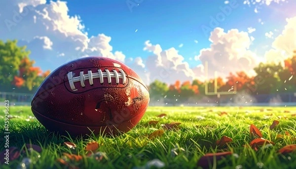 Fototapeta A vibrant illustration of a football on a grassy field under a bright, sunny sky. An autumn scene with a goalpost in background