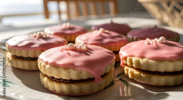 Fototapeta Delicious frosted cookies with pink icing and sweet decorations on a white plate