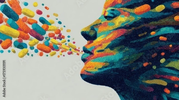 Fototapeta A person's face with a spectrum of vibrant medicine emanating, evoking the complexity of mental state and healthcare ..Created with Generative AI, not depicting real subjects.