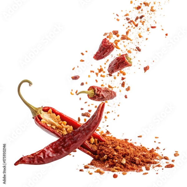 Fototapeta Dried red chili peppers exploding and scattering, isolated on transparent background