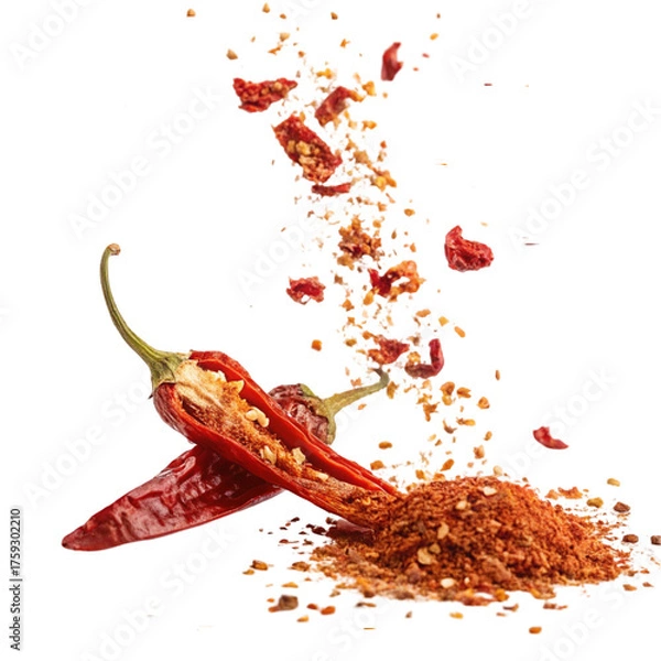 Fototapeta Dried red chili peppers and spice falling isolated on transparent background