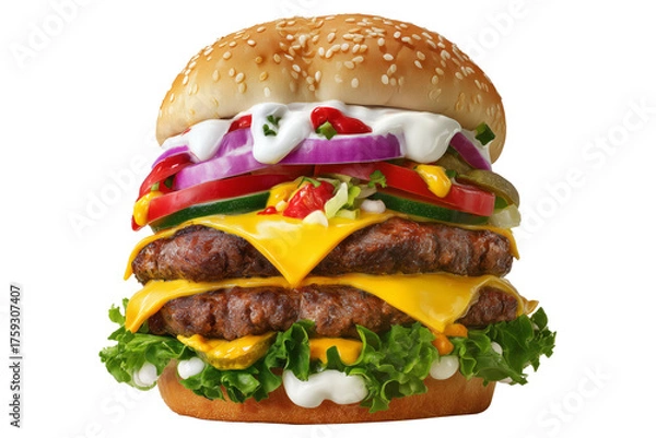 Fototapeta Towering Hamburguesas Con Todo Burgers or cheeseburger with bacon, cheese, lettuce, tomato, and sauces isolated on white transparent background, concept of Venezuela fast food