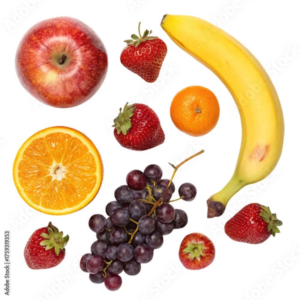 Fototapeta Assortment of fresh fruits including apple, strawberries, orange, tangerine, banana, and grapes isolated on transparent background