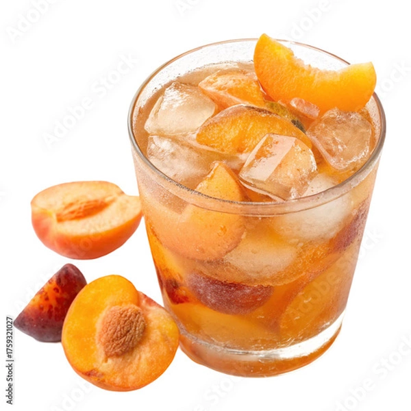 Fototapeta Peach iced tea with fruit and ice cubes, isolated on transparent background
