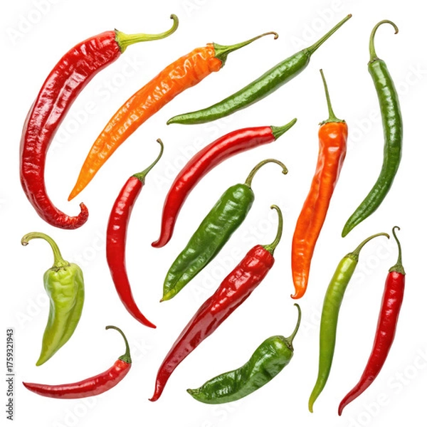 Fototapeta Collection of assorted chili pepper variety isolated on transparent background