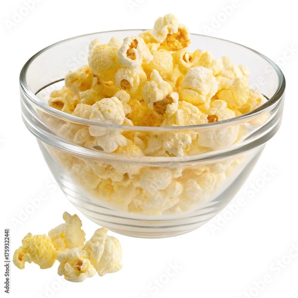 Fototapeta A glass bowl overflowing with popcorn, with a few pieces scattered in front, isolated on white isolated on transparent background