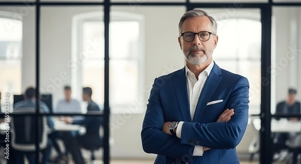 Obraz Confident mature businessman with arms crossed in modern office setting