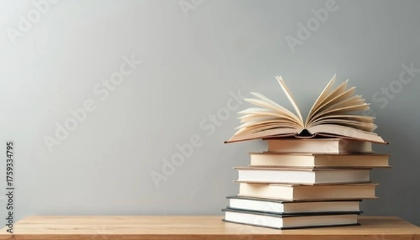 Fototapeta Stack of books lies on desk against grey wall. Open book lies at the top. Education concept about reading literacy intelligence and knowledge attainment at college or library desk.