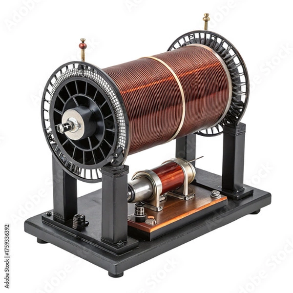 Fototapeta Antique induction coil with copper wire winding and brass fittings, isolated on transparent background