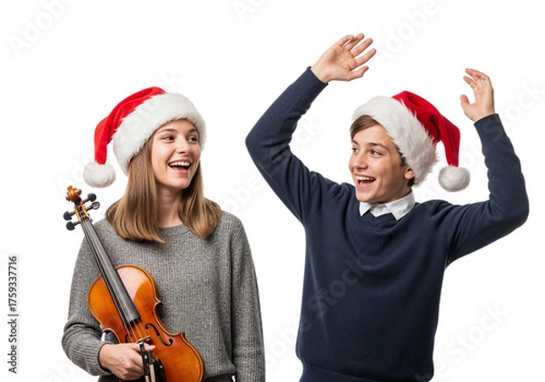 Fototapeta Two People in Santa Hats Celebrating with Violin and Joyful Gestures on White Background