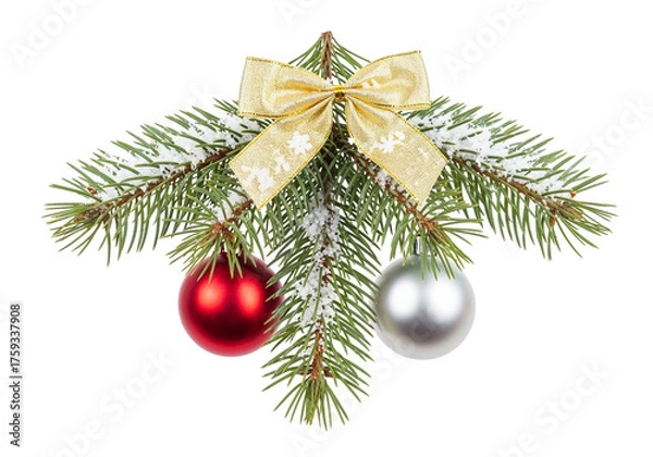 Fototapeta Christmas Pine Branch with Red and Silver Ornaments and Golden Bow on White Background