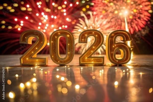 Fototapeta Golden 2026 balloons float in front of a vibrant fireworks display celebrating the new year