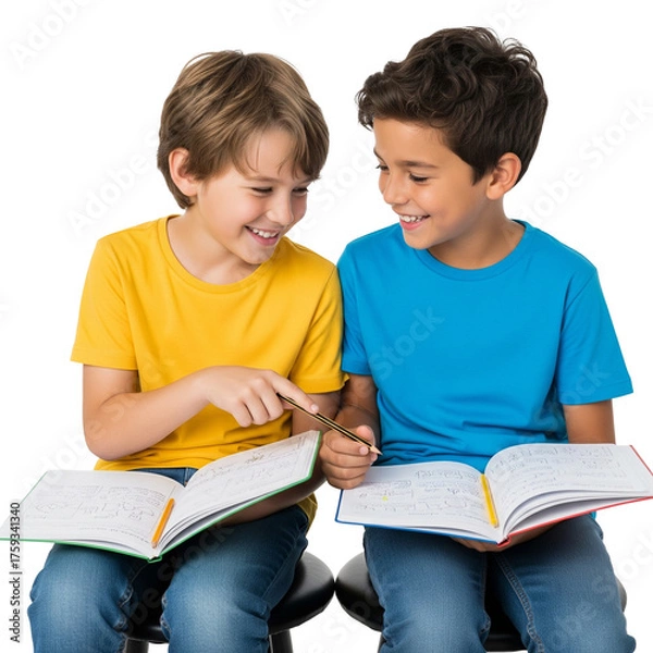 Fototapeta Children Collaborating with Notebooks in Study Session