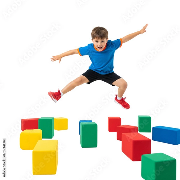 Fototapeta Child Jumping Over Foam Blocks in Play