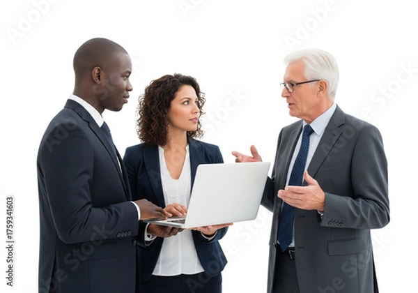 Fototapeta Team Collaboration Around Laptop in Business Attire