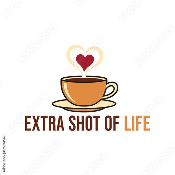 Fototapeta Coffee cup with heart steam and text saucer