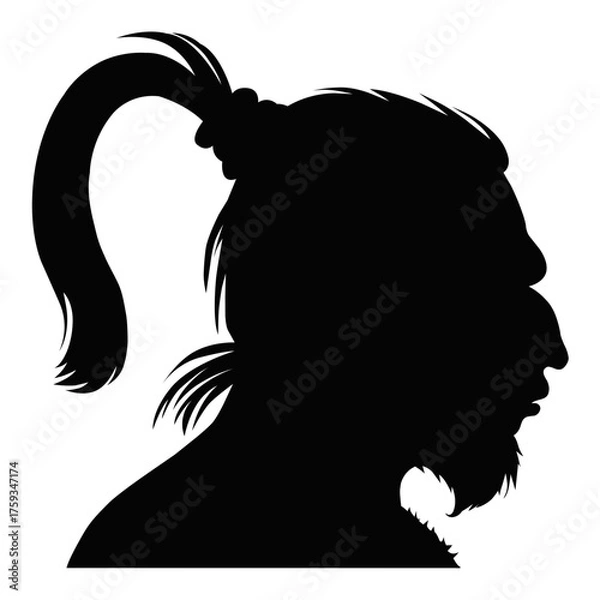 Fototapeta Silhouette of primitive man profile, caveman with ponytail and beard. Prehistoric human illustration, ancient history and anthropology concept isolated on white background
