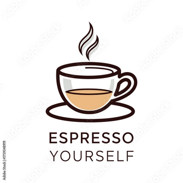 Fototapeta Steaming espresso cup with text coffee saucer