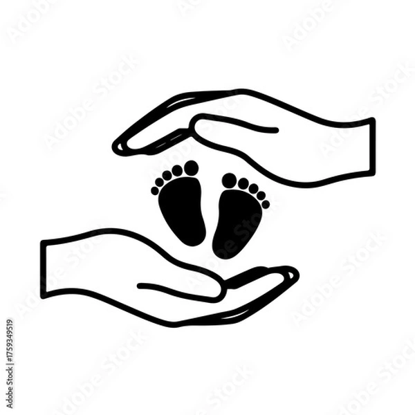 Fototapeta Tender black and white icon featuring adult hands gently cupping a newborn baby's tiny feet. A universal symbol of care, new life, and the essential role of the midwife