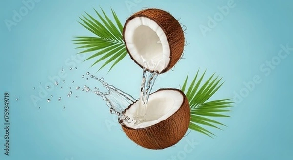 Fototapeta Invigorating coconut halves cascade clear liquid on a serene light blue backdrop with palm fronds.