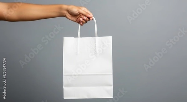 Fototapeta Arm holds a plain white paper shopping bag against a neutral gray backdrop in a studio setting.