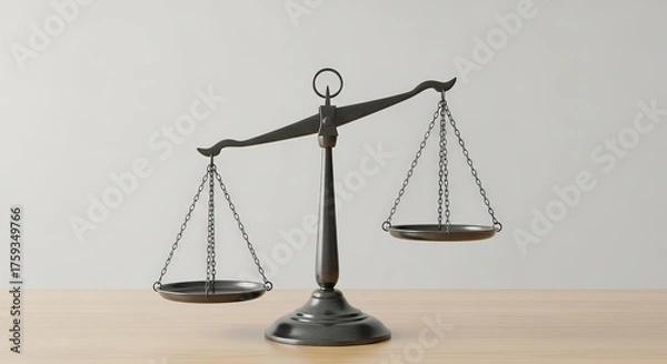 Fototapeta Symmetrical balance scale with hanging chain pans, on a table in a minimalist, neutral studio shot.