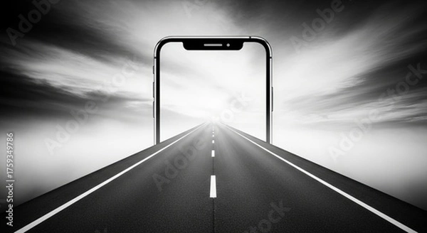 Fototapeta Monochrome image shows road leading through a smartphone screen into a cloudy sky in dramatic style.
