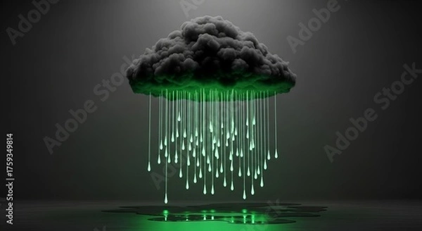 Fototapeta An abstract 3D render of a dark cloud with glowing green raindrops on a dark gray background.