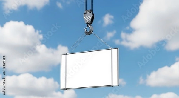 Fototapeta A crane hook suspending a blank white billboard against a backdrop of a vibrant blue sky and clouds.