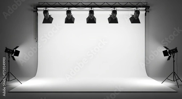 Fototapeta A studio setup showcasing bright white backdrop illuminated by six spotlights, creating clean space.