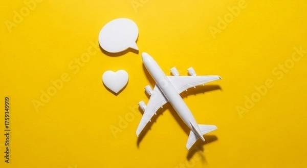 Fototapeta Overhead shot features a white toy airplane, heart, and speech bubble on a vibrant yellow backdrop.