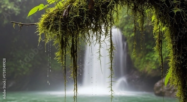 Fototapeta Lush green moss hangs delicately framing a serene waterfall in a vibrant, tropical landscape scene.