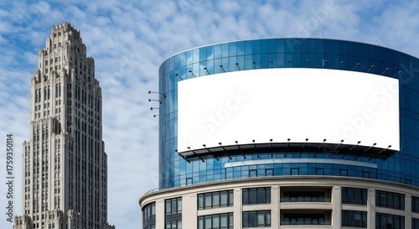 Fototapeta Blank advertising billboard mounted on a modern glass building with blue sky on a bright sunny day.