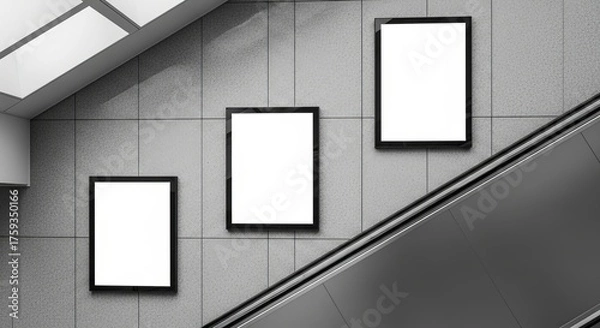 Fototapeta Three blank poster frames on a patterned wall next to a gray escalator create modern space.