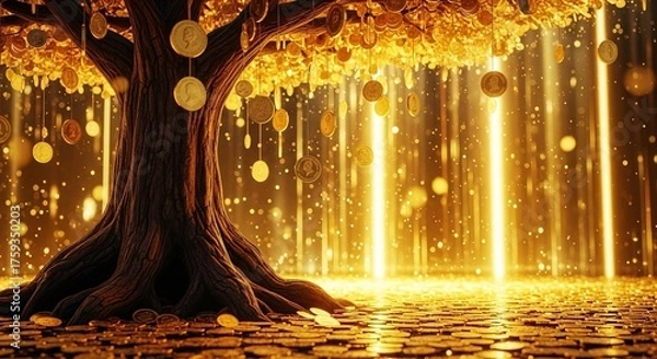 Fototapeta A golden tree stands adorned with coins as golden light filters in a scene of prosperity and wealth