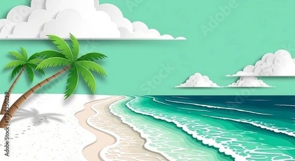 Fototapeta Stylized paper cut beach scene shows calming blue ocean waves and palm trees on a white sandy beach.
