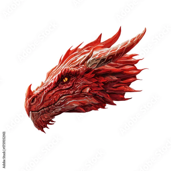 Obraz A detailed rendering of a dragon's head, focused on its red scales and piercing golden eyes