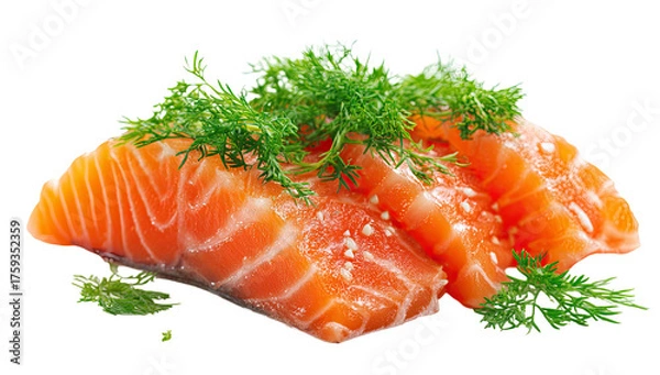 Obraz Sliced salmon fillets garnished with fresh green herbs, showcasing textures and vibrant colors