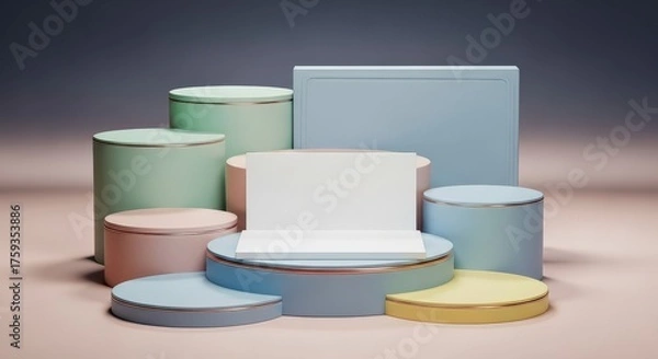 Obraz Creative Display Stage with Pastel Cylinders and Rectangular Stands