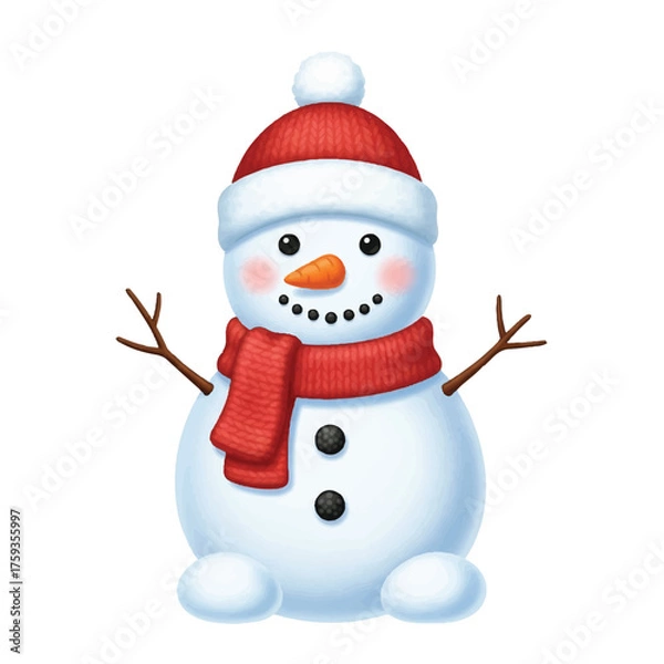 Fototapeta Flat 2D vector illustration of a cheerful snowman wearing a red hat and scarf for a Christmas celebration on a white background.